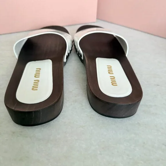 MIU MIU 5Z425E White Patent Leather Wooden Clogs Sandals, sz 38 - Picture 12 of 16